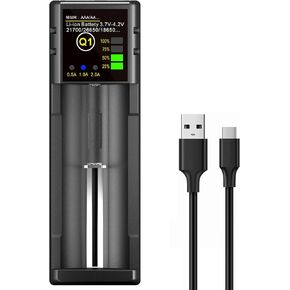 18650 Battery Charger, 1 Bay Battery Charger with Smart LCD Display Fast Charge for Rechargeable Batteries Li-ion LiFePO4 NI-MH NI-Cd AA AAA C 21700 26650 13650 16340 18350 18700 RCR123
