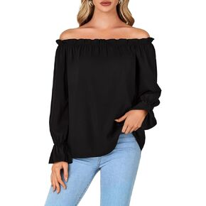 LYANER Women's Off Shoulder Ruffle Long Lantern Sleeve Ruched Casual Loose Tops Blouse Shirt