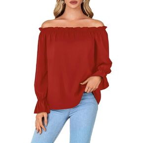 LYANER Women's Off Shoulder Ruffle Long Lantern Sleeve Ruched Casual Loose Tops Blouse Shirt in Kuwait