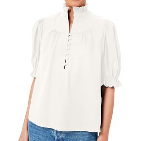Womens 2024 Summer White Ruffle Stand Collar Tops Button-Down Shirt Puff Sleeves Blouse Dressy Casual Fashion Outfits