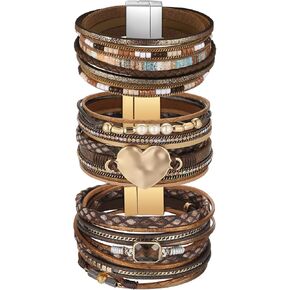 Inbagi 3 Pcs Bohemian Bracelet for Women Faux Leather Cuff Bracelet Heart Rhinestone Bead Multi Layer Western Jewelry Crystal Wristbands