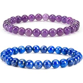 Cherry Tree Collection - Gemstone Beaded Bracelets For Women, Men, and Teens - 6mm Round Beads - Small Size Fits 6"-6.25" (Amethyst-Lapis)