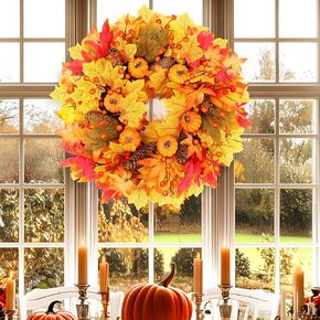 Fall Wreath 20'' in Front Door Artificial Autumn Wreaths with Maples Leaf Pumpkin Pine Cone Berry for Outdoor Indoor Farmhouse Wall Window Festival Thanksgiving Harvest Halloween Decor