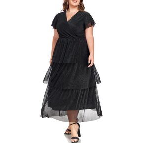 Carrdc Plus Size Maxi Dress for Curvy Women Short Sleeve Tiered Cocktail Dress