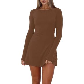 VASAUGE Women's Sexy Long Sleeve Mini Dress Crew Neck Party Club Short Dresses