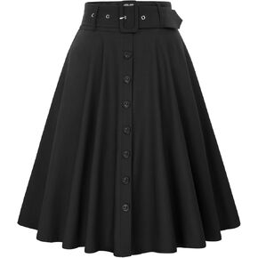 Belle Poque Women's Vintage Skirts High Waisted Flared A-Line Midi Skirt with Belt Pockets & Belts