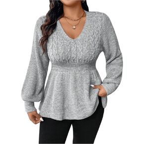 SOLY HUX Plus Size Sweaters for Women V Neck Bishop Long Sleeve Ruffle Hem Peplum Knit Pullover Tops