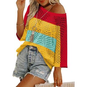 Zeagoo Women's 2025 Spring Summer Crochet Top Hollow Out 3/4 Sleeve Sweater Off Shoulder Beach Knit Coverup