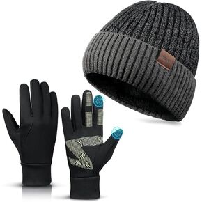 Winter Beanie Hat Gloves Set: Men Women Warm Knit Skull Cap Touchscreen Gloves Set for Cold Weather Running Cycling Black