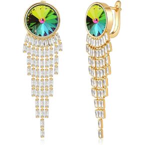 Austrian Crystal Long Tassel Dangling Drop Earrings for Women Round Leverback Earrings 14K Gold Plated Hypoallergenic Jewelry Gift