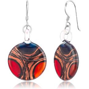 925 Sterling Silver Hand Blown Glass Red Blue Yellow Gold Curve Dangle Earrings