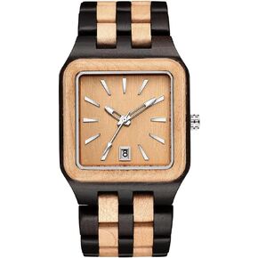 GORBEN Wooden Watches for Men Unique Square Wood Wrist Watch Mens Ebony Maple Red Sandalwood Clock Full Wood Men's Rectangle Wristwatch with Date Movement Handicraft Quartz Watch