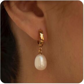 Freshwater Pearl Earrings for Women 14K Gold Plated Pearl Huggie Hoop Earrings Trendy 925 Sterling Silver Hypoallergenic Pearl Drop Dangle Earrings Cute Pearls Stud Earrings Jewelry Gifts