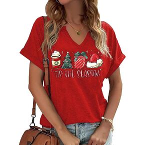 Christmas Shirts Women Merry Christmas Letter T-Shirt Christmas Graphic Shirt Xmas Holiday Casual V Neck Short Sleeve Tops