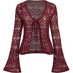 CIDER V-Neck See-Through Hollow Out Knotted Long Sleeve Top