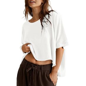 UEU Womens Summer Oversized Tops Casual Loose Crop T Shirts Crewneck Basic Boxy Tee Shirt Trendy Outfits Blouse