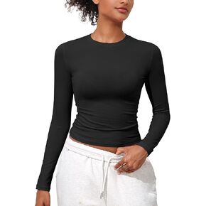 Hilor Women's Long Sleeve T Shirts Crew Neck Tight Fitted Tee Tops Basic Going Out Tops Crop Y2K Clothes