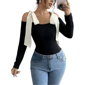 تيشيرت نسائي من MakeMeChic بأكتاف باردة وربطة عنق وأكمام طويلة