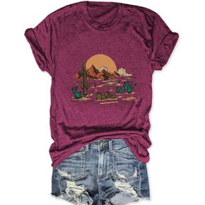 Women Adventure Shirts Western Retro Sunrise Desert T Shirt Funny Summer Climbing Short Sleeve Tee Tops