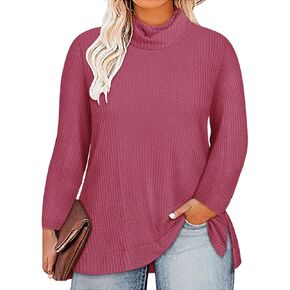 CARCOS Womens Plus Size Turtleneck Sweaters Long Sleeve Waffle Knit Tops Side Spilt Solid T-Shirts for Fall Winter