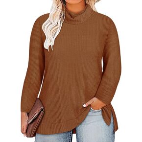 CARCOS Womens Plus Size Turtleneck Sweaters Long Sleeve Waffle Knit Tops Side Spilt Solid T-Shirts for Fall Winter in Kuwait