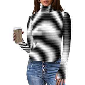 OFEEFAN Fall Sweaters for Women Lightweight Turtleneck Shirts Long Sleeve Tops Slim Fit Outfits Curved Hem Thumb Hole