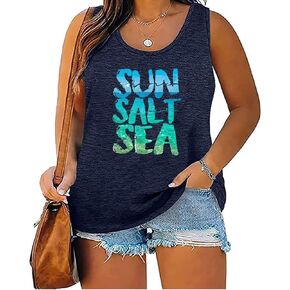 Plus Size Tank Top for Women Sun Salt Sea Letter Graphic Printed Sleeveless Loose Casual Tunics Shirts