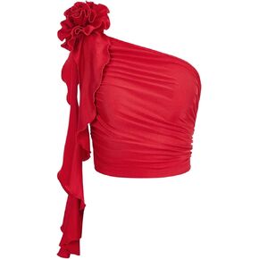 OYOANGLE Women's 3D Rose Ruffle Trim Ruched One Shoulder Sleeveless Top Solid Elegant Tank Tops
