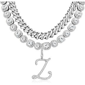 ORAZIO Initial Cuban Link Chain Necklace for Women Silver 18K Gold Plated Cursive Letter Name Necklaces Layered Iced Out Chain Necklace Hip Hop Jewelry