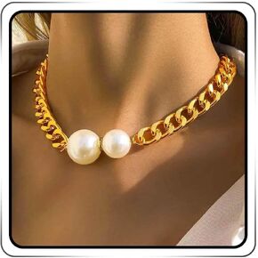 JEWEKY Pearl Chunky Choker Necklace Gold Cuban Link Collar Necklaces Club Costume Rave Neck Chain for Women