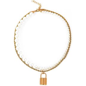 Hip Hop Multi-Layer Pearl Strand Choker Necklace Punk Layered Chunky Paperclip Link Chain Key Lock Bib Collar Necklace for Women