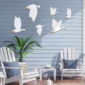 ruelen 6 Pcs Wood Wall Decor Wooden Flying Geese Wall Decor Wooden Wall Art Sign Wood Bird Wall Sculpture Animal Ornaments for Home Bedroom Living Room Kitchen Office (White)
