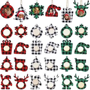 24 Pieces Christmas Picture Frame Ornaments, Wooden Christmas Buffalo Plaid Photo Frames Ornament Christmas Hanging Ornaments for Christmas Tree Decorations