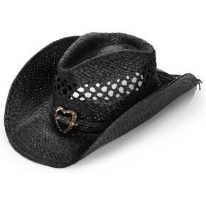 Straw Cowboy Hat, Western Style Summer Coastal Cowgirl Hat with Heart Band, Wide Shapeable Brim, Vacation Beach Sun Hat for Party, Costumes Black
