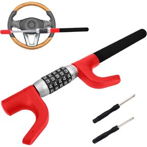 Car Steering Wheel Lock Car Lock Adjustable Length Safety Steering Lock Anti-Theft Device, Heavy Duty Steering Wheel Lock for Trucks Pickup RV SUV Van, Red
