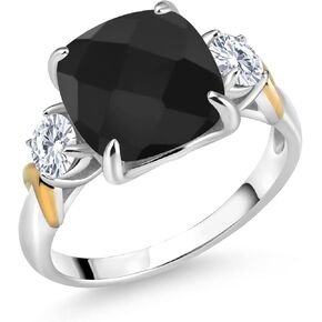 925 Silver and 10K Yellow Gold Onyx and White Lab Grown Diamond 3 Stone Ring For Women (4.34 Cttw, Gemstone December Birthstone, Cushion Checkerboard 10MM, Round 4MM, Available In Size 5, 6, 7, 8, 9)