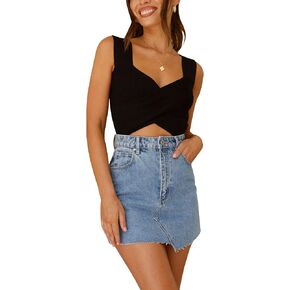 Fashionme Women's 2024 Trendy Vneck Wrap Crop Tops Criss Cross Wide Straps Knit Tank Tops Slim Fit Cami Shirts