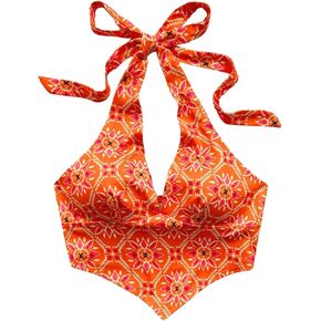 MakeMeChic Women's Floral Tie Backless Crop Halter Tops Boho Asymmetrical Tank Top