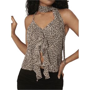 OYOANGLE Women's Leopard Print Sleeveless Ruffle Trim Halter Tops Y2K Going Out Cami Top