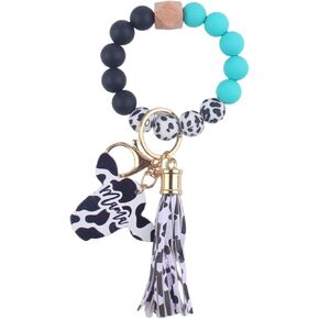 Fuqimanman2020 Mama Keychain Cow Silicone Bead Wristlet Tassels Keychain Mother's Day Gift Car Bag Accessories for Women