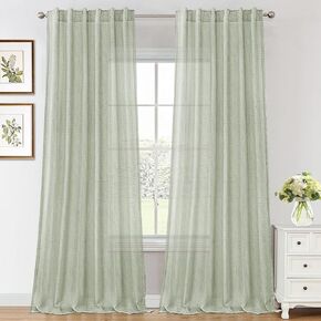 FantasDecor Linen Sheer Curtains 84 inch Length 2 Panels Set Light Filtering Drapes Privacy Burlap Rod Pocket Back Tab Window Blinds Shades for Country Rustic Farmhouse Bedroom, Sage