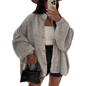 Women's Button Down Cardigans Oversized Chunky Knit Sweater Long Sleeves Turtleneck Outwear