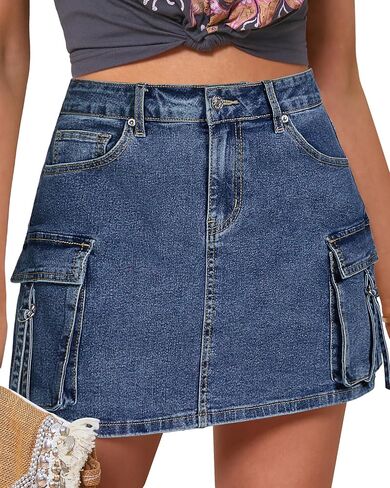 Luvamia جان التنانير للنساء الدنيم بسط البضائع عالية الخصر العصرية Y2K تنورة صغيرة مع جيوب فائدة in Kuwait