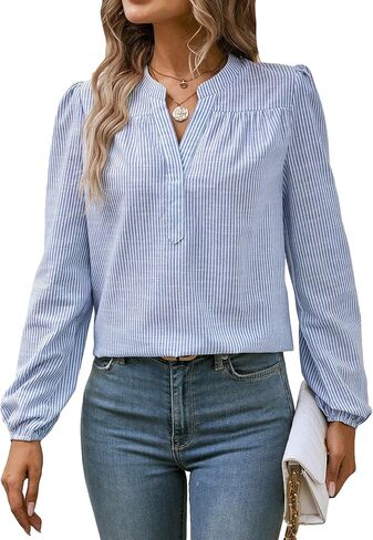 Floerns Women's Striped Print Notched V Neck Puff Long Sleeve Casual Blouse Top in Saudi Arabia