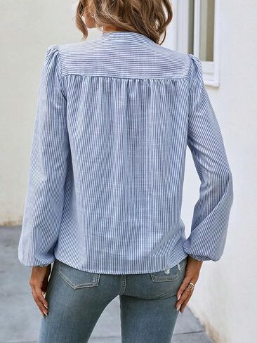 Floerns Women's Striped Print Notched V Neck Puff Long Sleeve Casual Blouse Top in Saudi Arabia