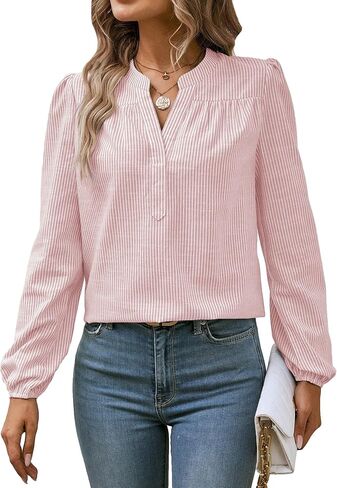 Floerns Women's Striped Print Notched V Neck Puff Long Sleeve Casual Blouse Top in Saudi Arabia