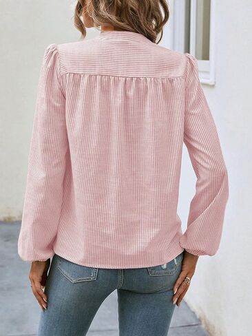 Floerns Women's Striped Print Notched V Neck Puff Long Sleeve Casual Blouse Top in Saudi Arabia