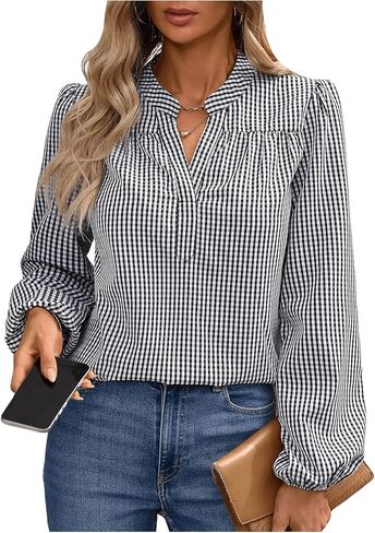 Floerns Women's Striped Print Notched V Neck Puff Long Sleeve Casual Blouse Top in Saudi Arabia