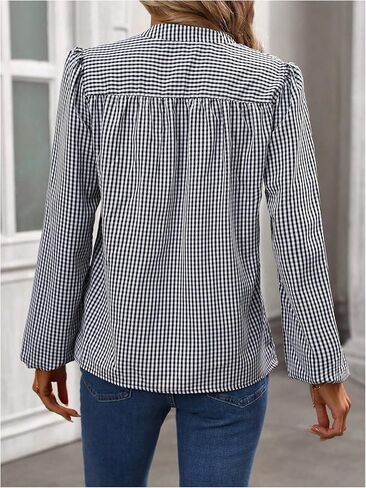 Floerns Women's Striped Print Notched V Neck Puff Long Sleeve Casual Blouse Top in Saudi Arabia