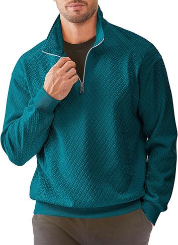 Men's Quarter Zip Sweatshirts Mock Neck Pullover Long Sleeve Solid Color Geometric Texture Waffle Sweatshirt in Saudi Arabia